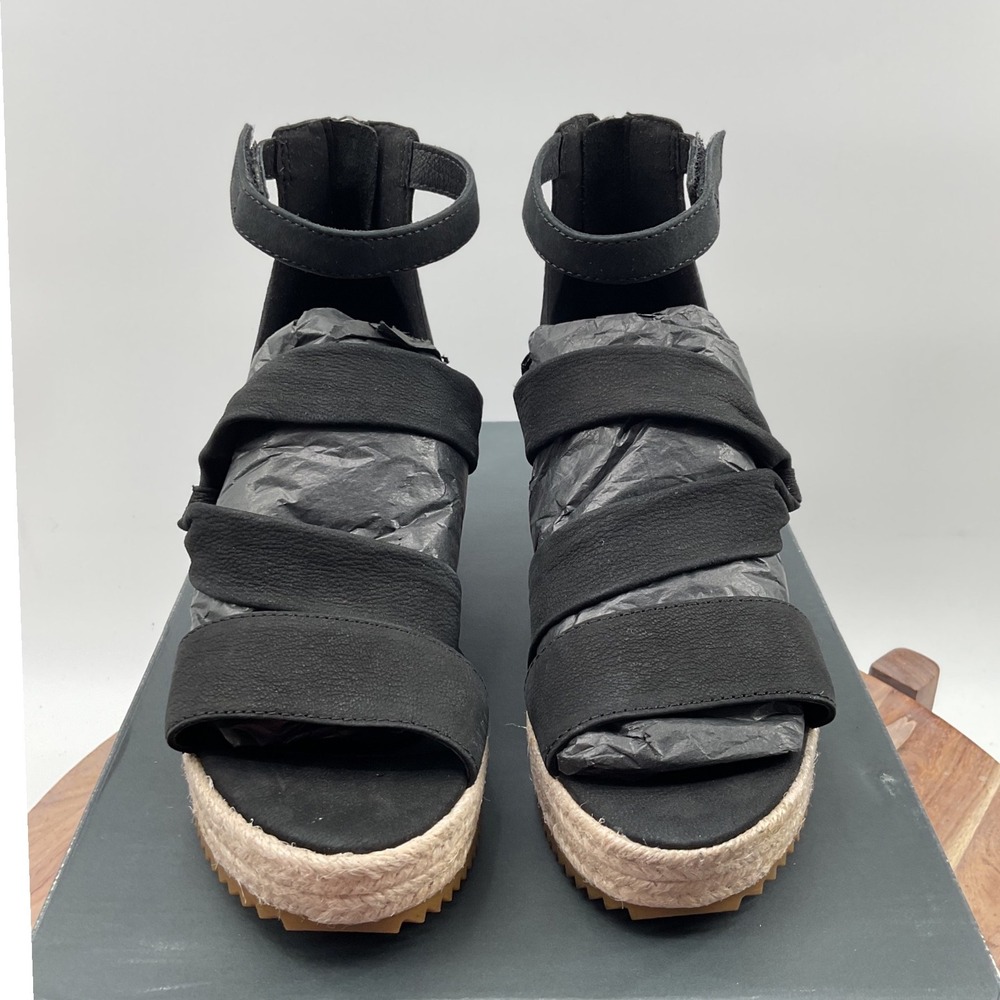 Eileen Fisher Wisp-TN Black Tumbled Nubuck Espadrille Wedge Sandals 6.5M